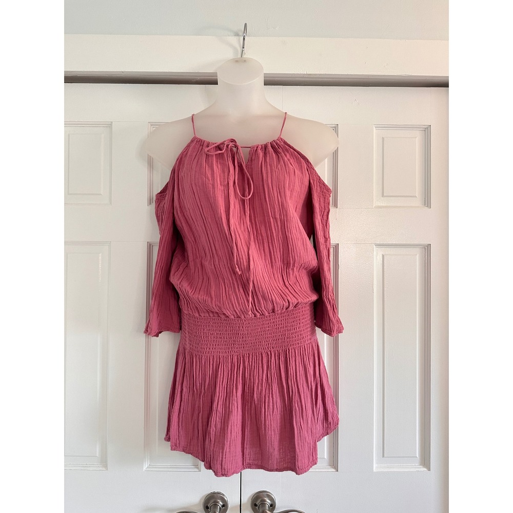 STARK X Rose Pink Cotton Gauze Cold‎ Shoulder Smocked Waist Dress XS Made in USA